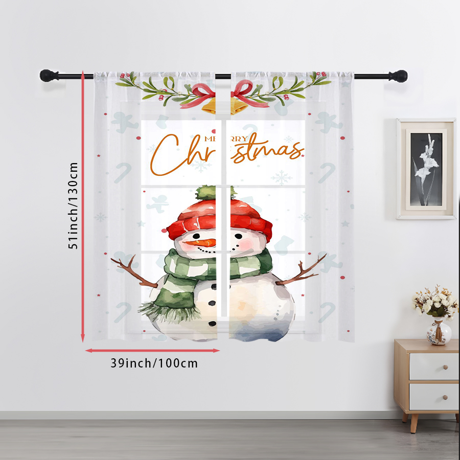 Home Office For - 2PCS Merry Christmas Snowman Sheer Curtains